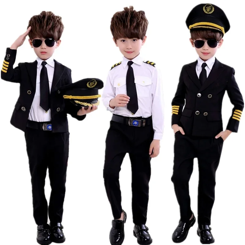 Children\'s Day Pilot Uniform Stewardess Cosplay Halloween Costumes for Kids Disguise Girl Boy Captain Aircraft Fancy Clothing