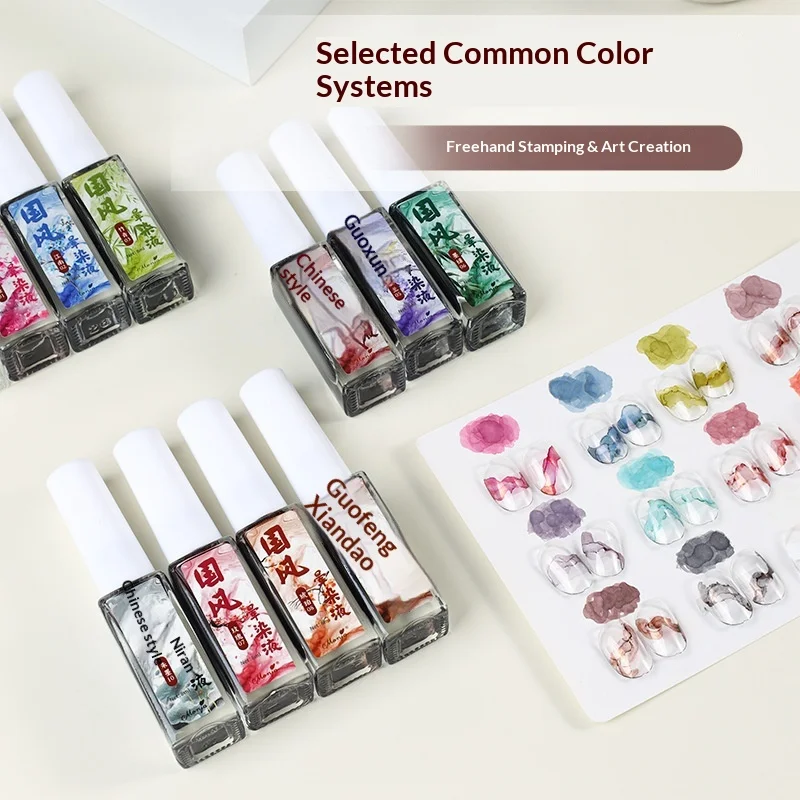 

Горячий 12-цветный набор Guofeng Stain, жидкий магазин для ногтей, специальные чернила Guofeng, мраморный узор, пятно, клей, градиент, прозрачная акварель