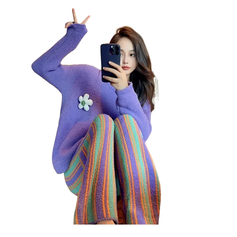 Ropa de dormir holgada informal para mujer, estilo americano y europeo, invierno 2021, nueva ropa gruesa y cálida para el hogar, conjunto dulce de moda para estudiantes