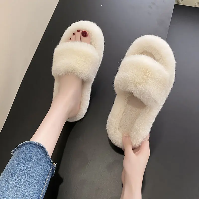 2023 Luxury Women Slippers Soft Winter Fluffy Faux Fur Home Shoes Eva Flat Bottom Ladies Slides