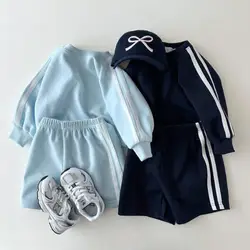 2024 Autumn New Children Long Sleeve Sports Set Boys Girls Striped Sweatshirt + Shorts 2pcs Suit Kids Versatile Casual Outfits