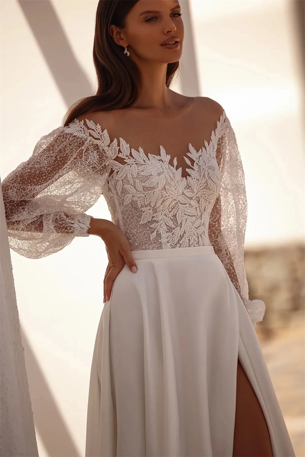 Tokyo Customized White Off the Shoulder Wedding Dresses Long Sleeve Back Zip A-Line Bridal Gown Side High Split Wedding Gown