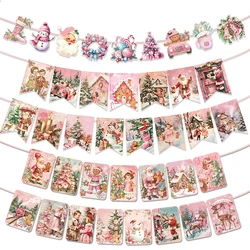 Pink Vintage Christmas Banner Santa Snowman decor Merry Christmas Hanging Garland for Home Navidad Xmas Ornaments New Year Gift