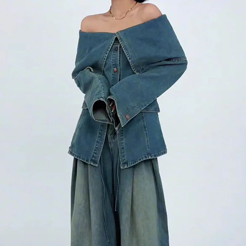 

Fall new fashion single-breasted American splice diagonal neckline off-the-shoulder denim blue shirt for women