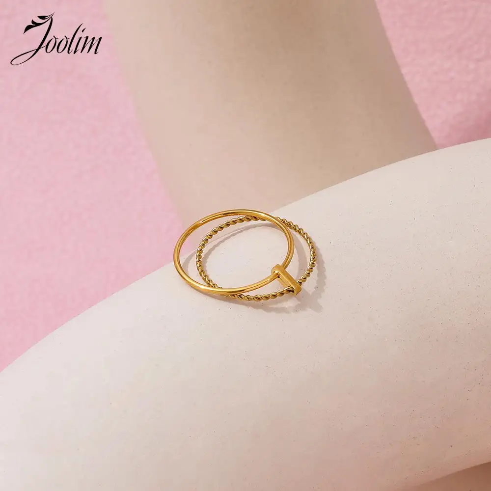 Joolim Jewelry Wholesale High End PVD No Fade Retractable Personality Two Circle Twisted Stainless Steel Finger Ring for Couple