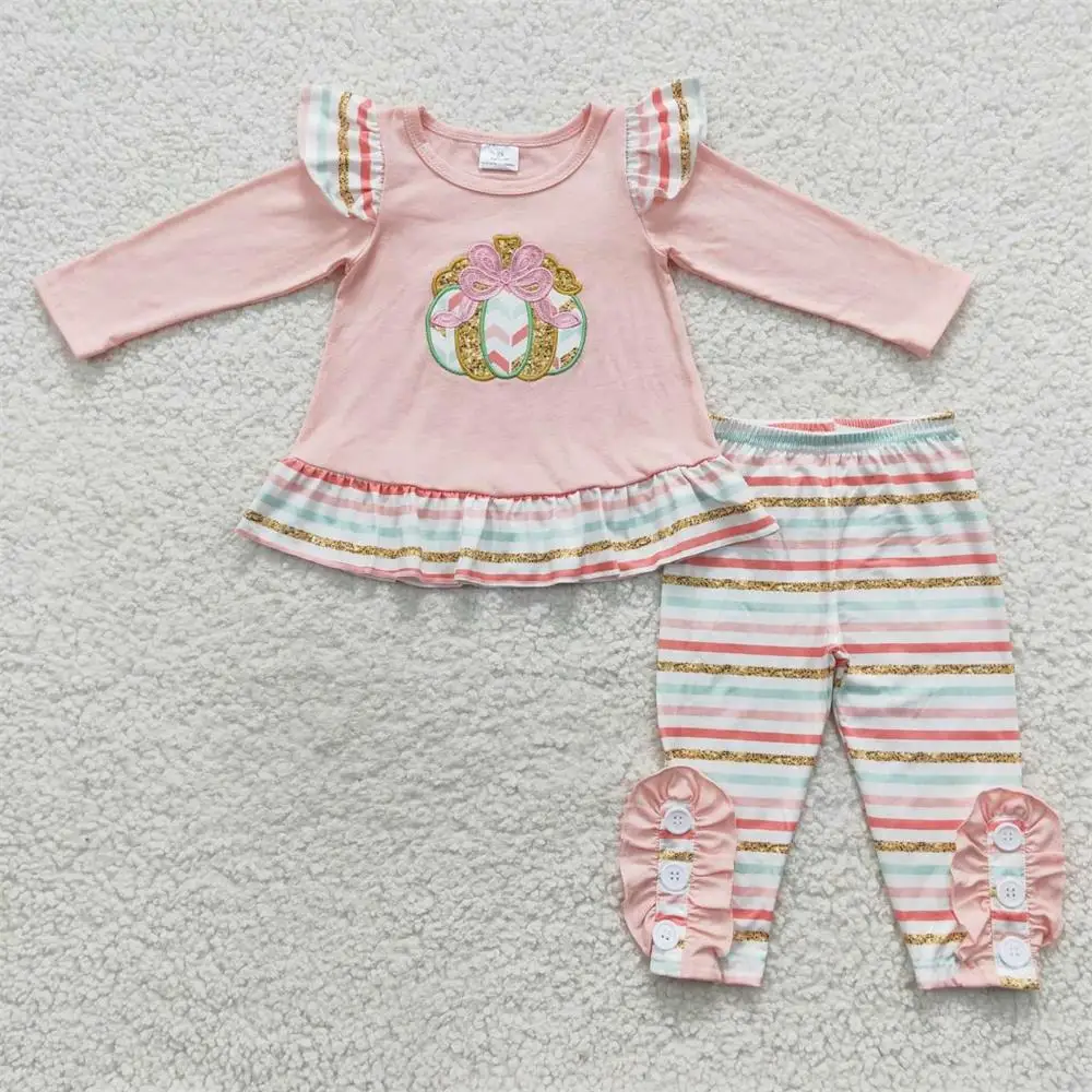 

Wholesale Toddler Thanksgiving Embroidery Pink Outfit Kids Pumpkin Baby Girls Ruffle Colorful Stripes Pants Infant Children Set