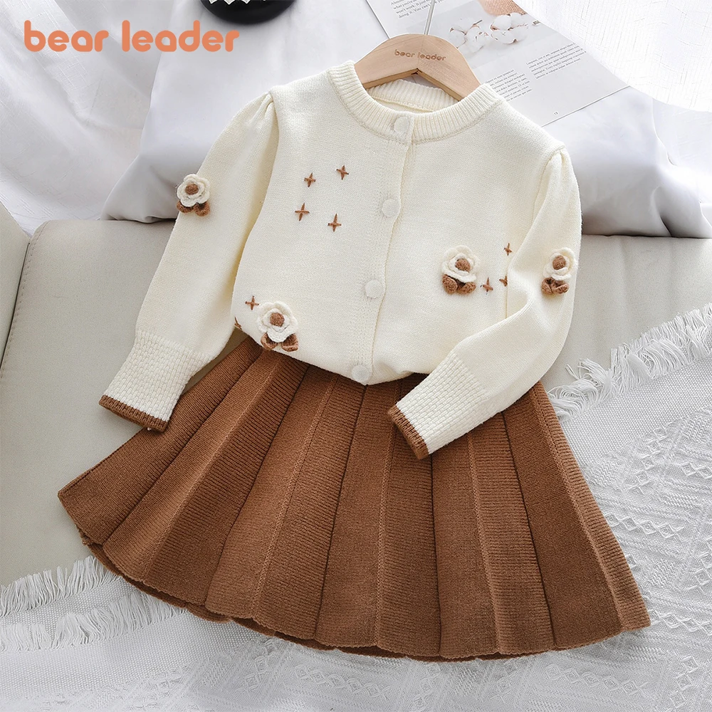 Bear Leader Mädchen-Pullover-Set, langärmelig, Blumen-Strickjacke, Top + kurzer Rock, 2-teilig, Herbst-Winter, warme Kinderkleidung