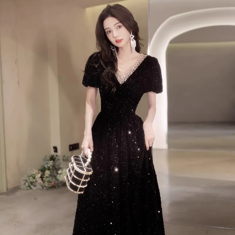 

Luxurious Sequined Black A Line Evening Dress Puff Sleeve Formal Occasion Dress Sexy V-Neck Vestidos Elegantes Para Mujeres