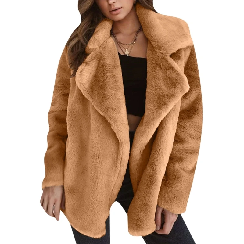 

M68A Women's Lapel Faux Fur Front Open Mid-Length Cardigan Coat Casual Warm Winter Coat