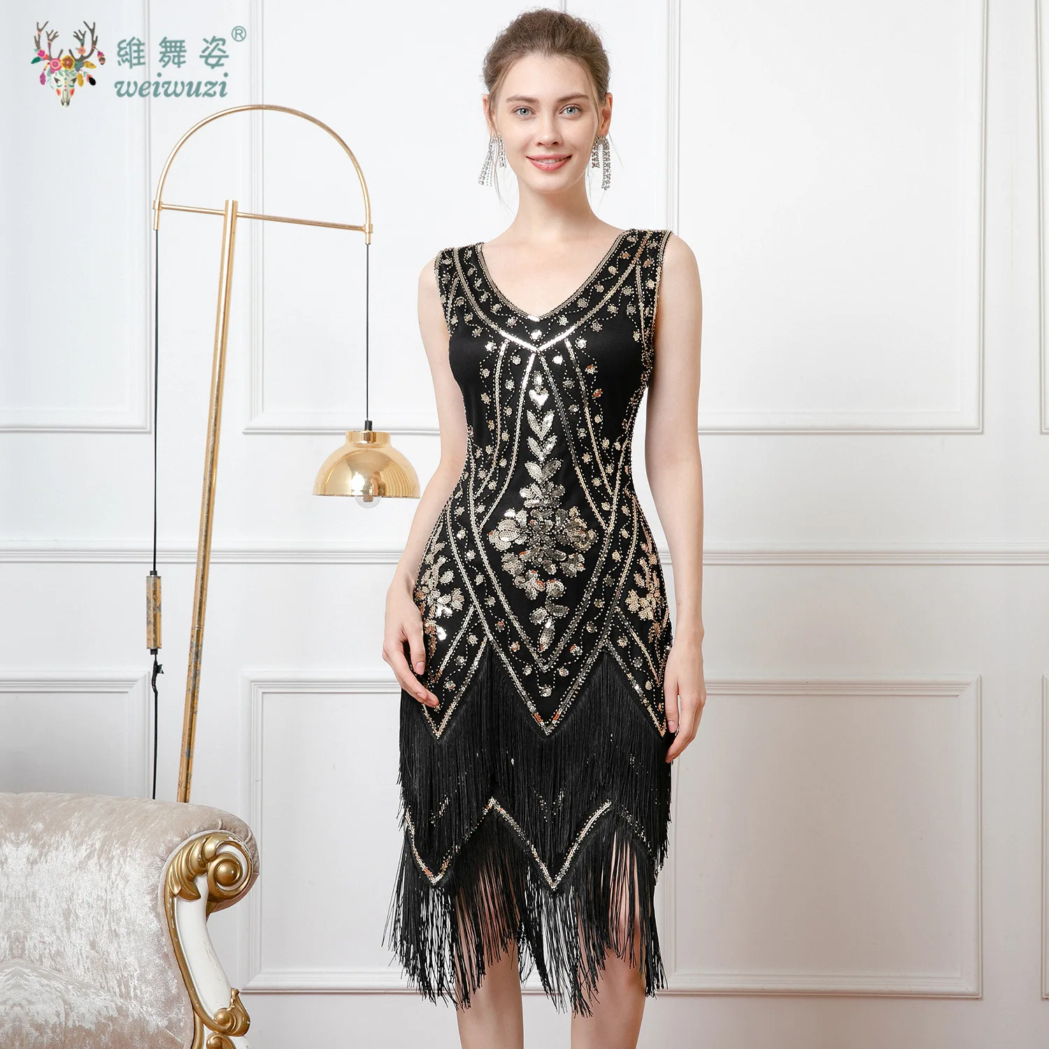 

1920S Retro Party V-neck Sleeveless Vest Tight Bead Embroidered Double Layer Tassel Dress Gatsby Ball Nightclub Glitter Dress