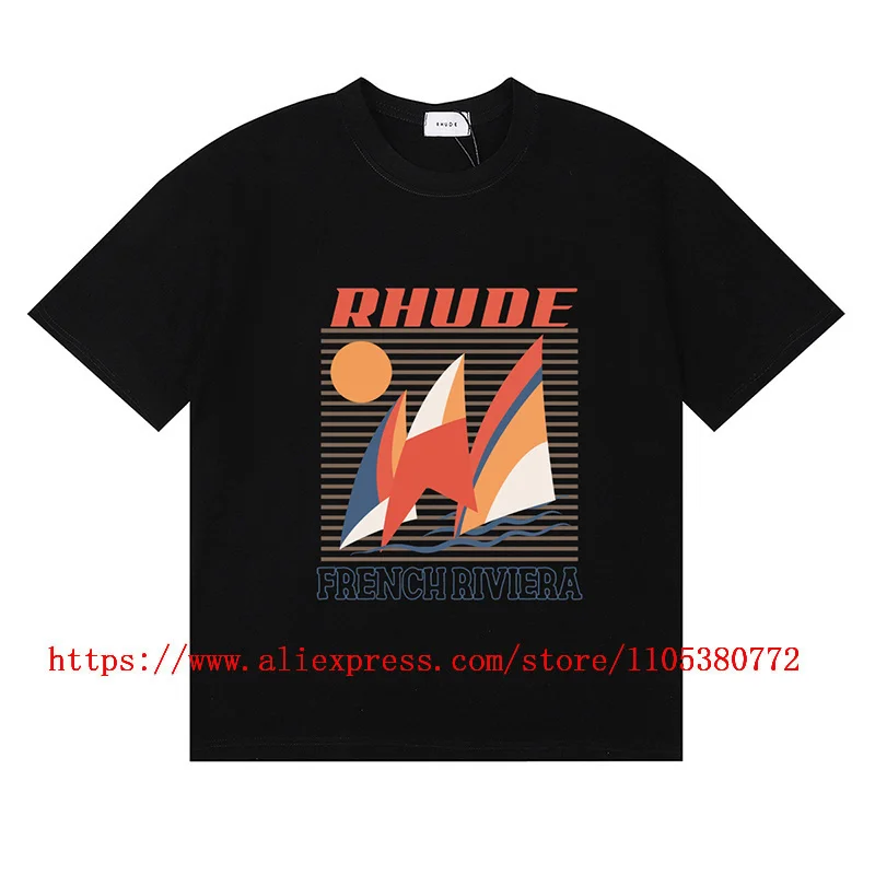 New Collection RHUDE Men’s T-Shirt Retro Brand Badge Print Black Cotton Casual Crew Neck Tee Top