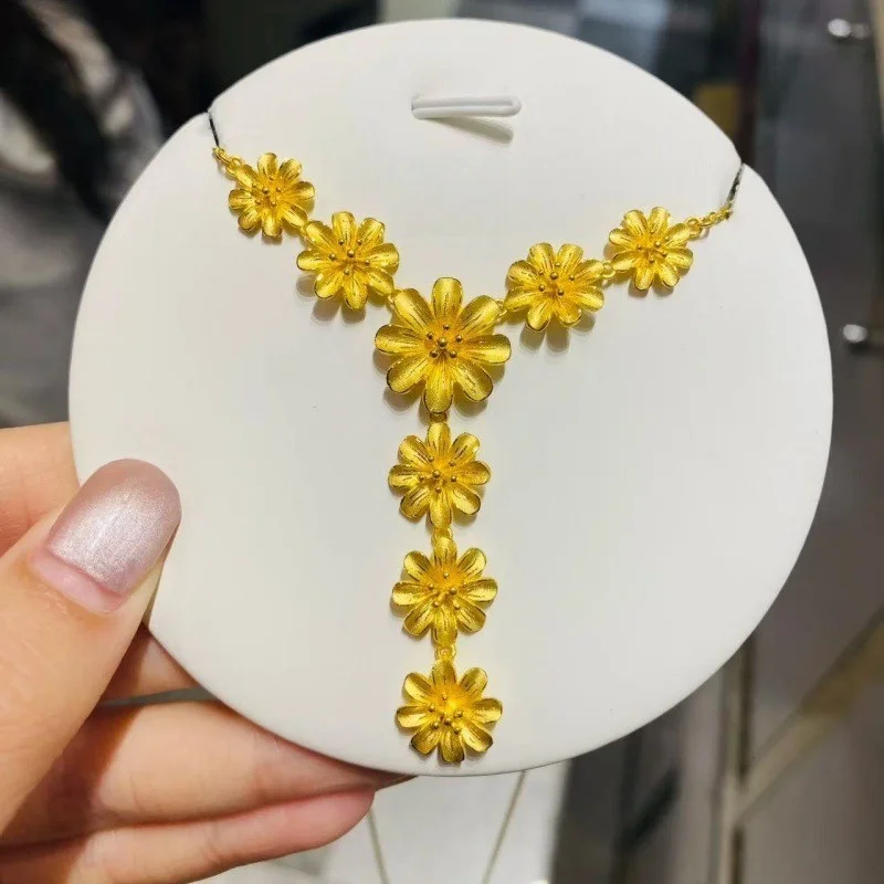 

Women's 999 Antique Flower Tassel Necklace, 18K Gold Chinese V-Chain, Elegant Wedding Jewelry, Wholesale