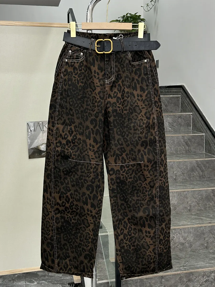 

Retro Leopard Print Wide Leg Jeans High Waist Straight Loose Women's Pants Casual Comfortable Breathable Cotton Fabric
