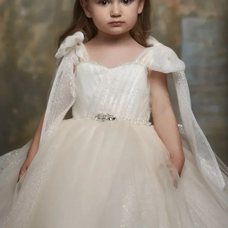 

Bow Sleeves Flower Girl Dress Glitter Crepe Beaded Belt Lace Up Princess Baby Girl Birthday Party First Communion Wedding Gown