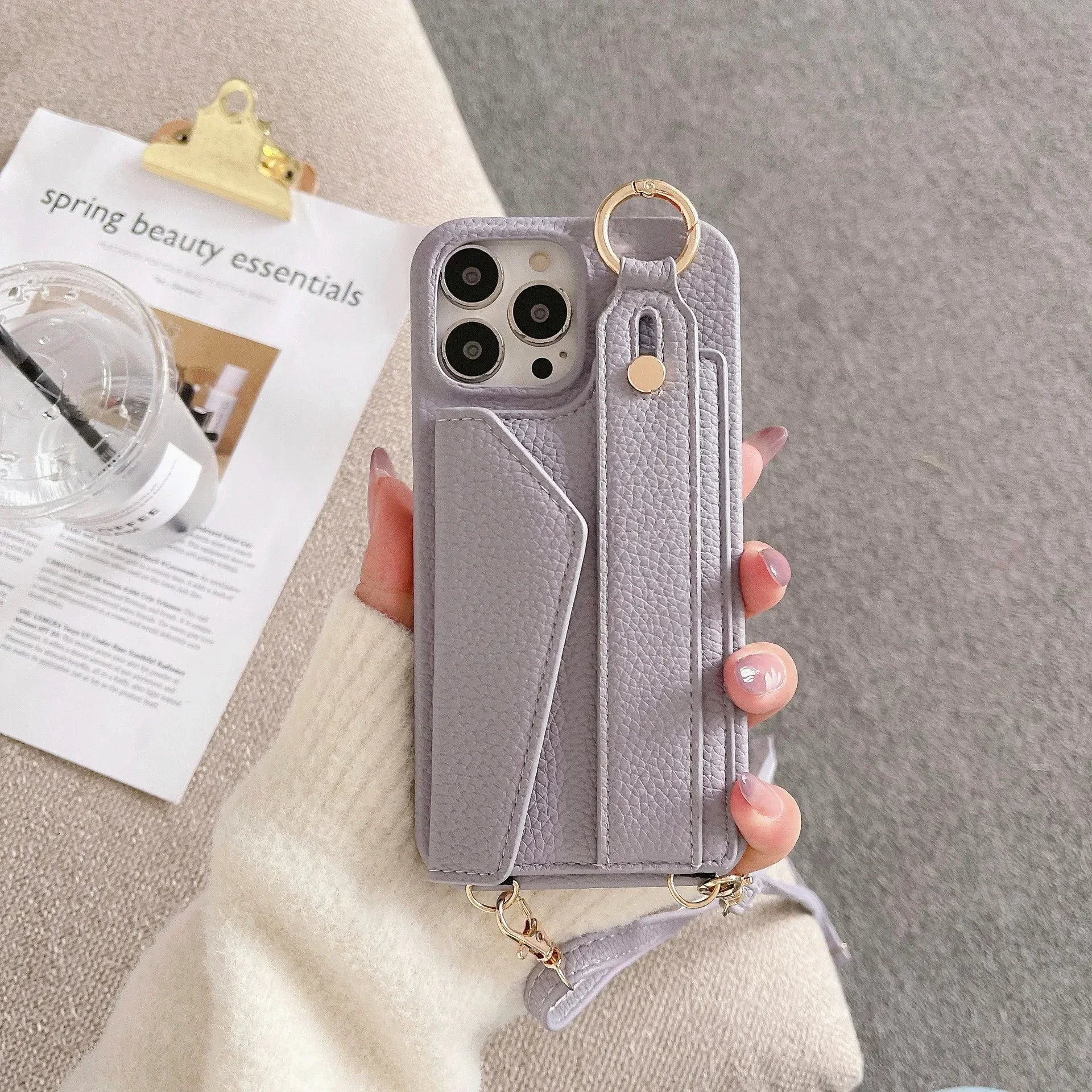 Ring-Crossbody-Handgelenkriemen-Brieftaschen-Lederhülle für iPhone 17 16 15 14 13 12 11 Pro Max Handyhülle mit Kartenfach und Lanyard – Detail 22