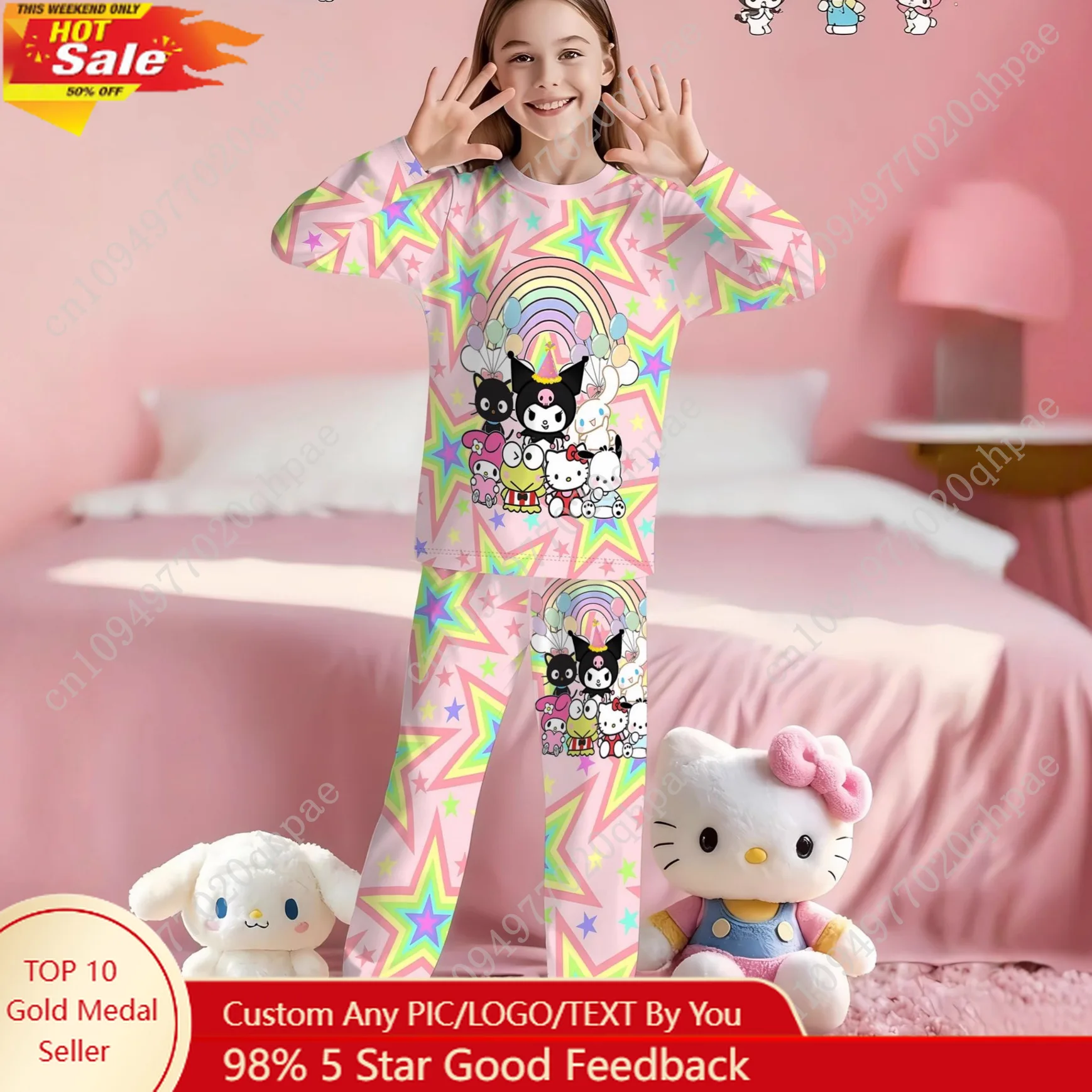 

Sanrio Family Pattern and Colorful Star Girl Long-sleeved Long-pants Set for Girls As Pajamas for Home Use