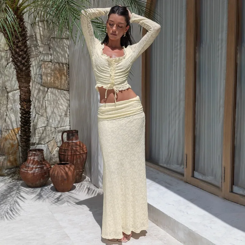 

Tuularose 2 Piece Dress Sets Sexy Lace Drawstring Top Slim Long Skirt Set Elegant Luxury High Street Vintage Women Dress Sets