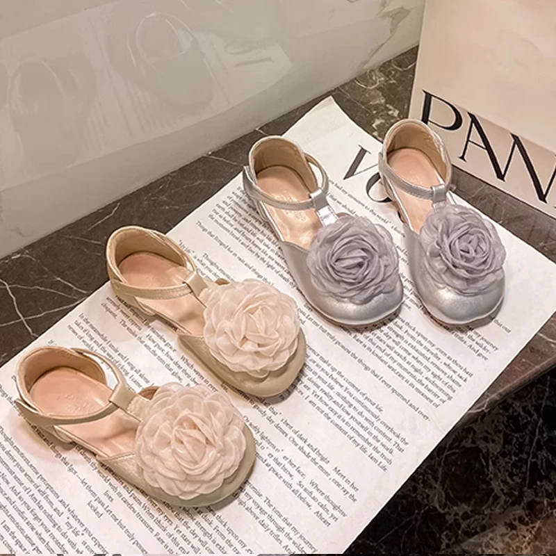 Luxury Silk Gauze Flower Ballet Flat Kid Girl Elegant Lace Floral Applique T-Bar Mary Jane Shoes Baby Child Party Dress Zapatos