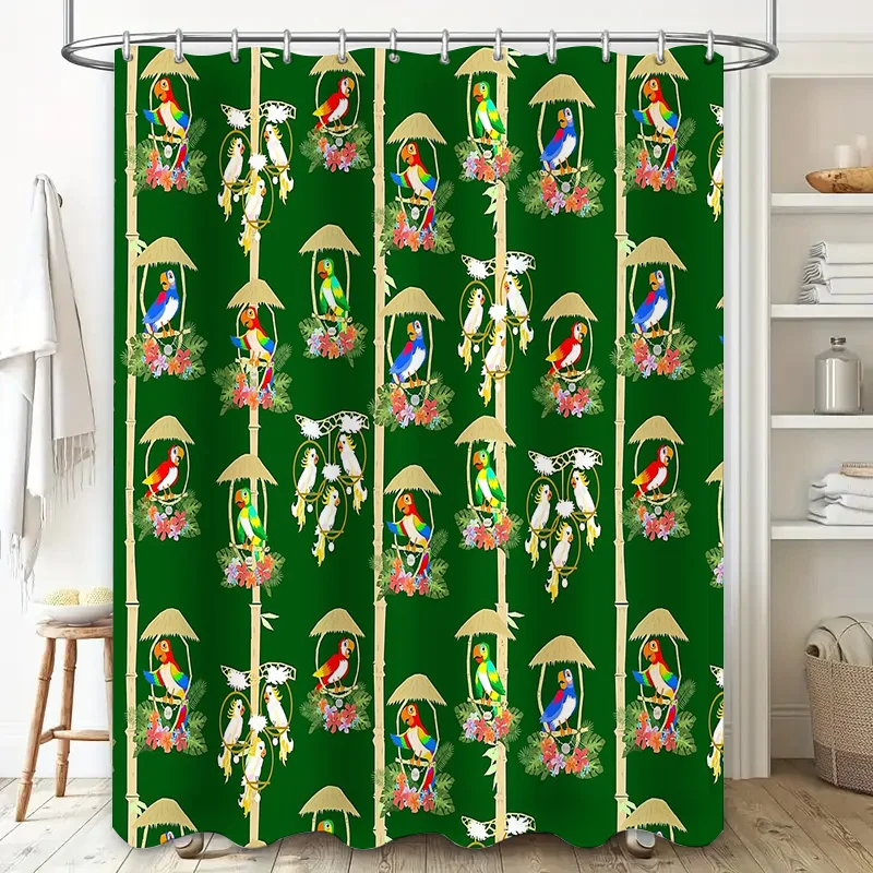 Tropical Shower Curtain Peacock Bird Pattern Waterproof Bathroom Decor Vintage Nature Teal Blue Green Backdrop