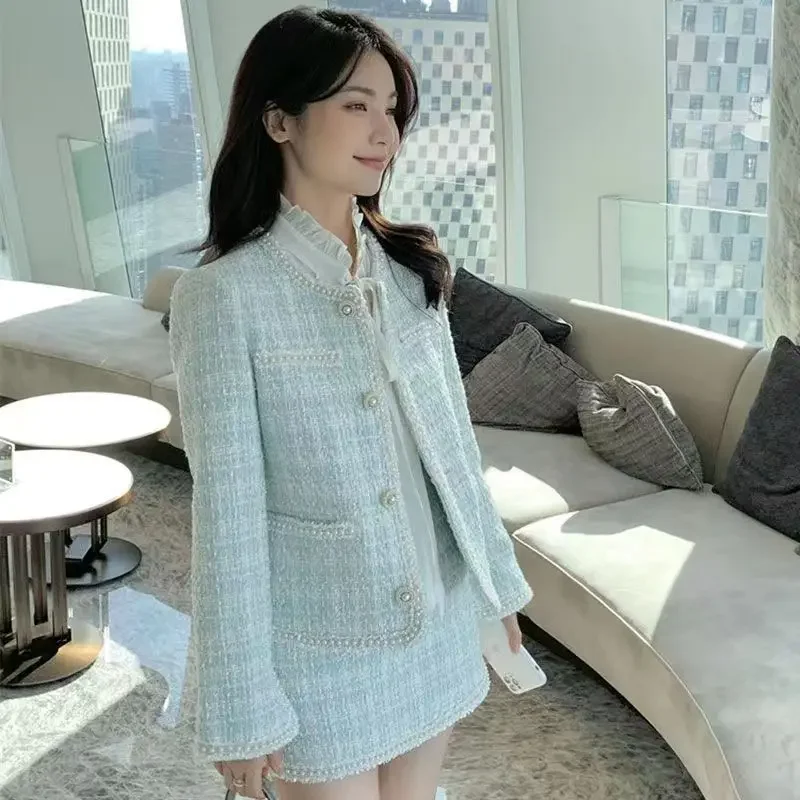 Coreano fragrante blu Tweed cappotto fiocco camicie in Chiffon Lace Up top gonne corte a quadri Faldas elegante Office Lady set 2024