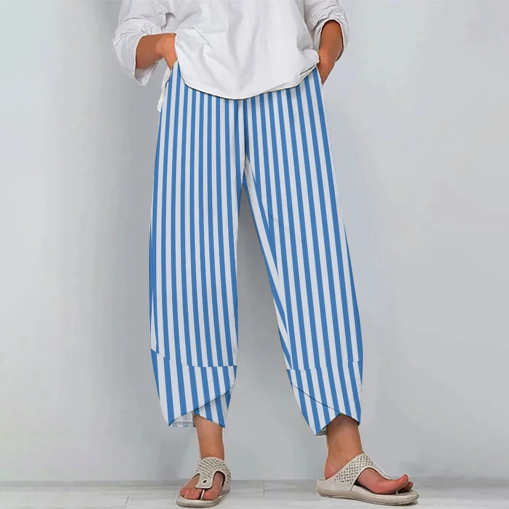 Women's Blue Stripe Design Pants Folded Legs Casual Trousers Oversized Daks Summer One-Piece Side Pockets Versatile