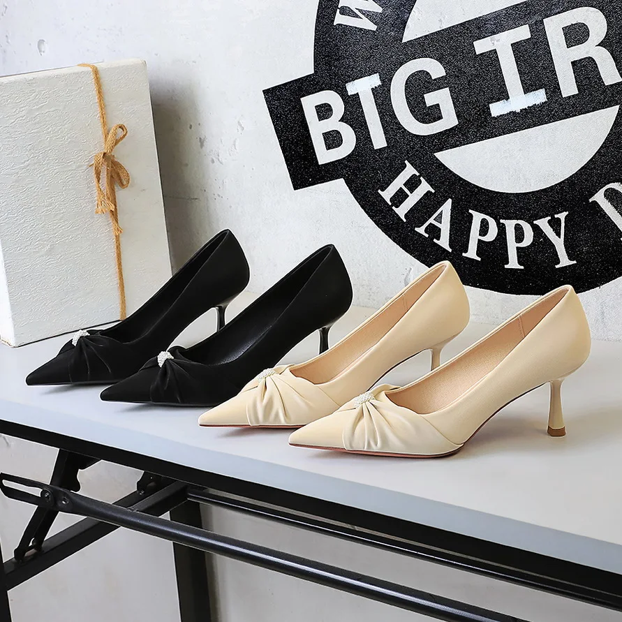 

BIGTREE Shoes Butterfly Knot Twisted Flower Pearl Women Pumps pointed tip High Heels Stiletto 6.5 cm Professional office Shoes