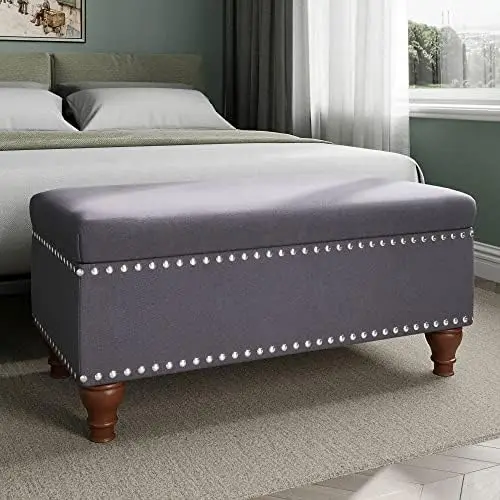 

35 Inch Nailhead Trim Ottoman Bench Upholstered Accent for Living Room, Bedroom, Entryway with Bun Legs - Quincy (Grey) Cow