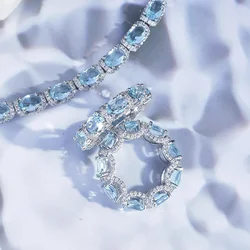 Romantic 14K White Gold Lab Aquamarine Diamond Jewelry set Engagement Wedding Rings Bracelet For Women Bridal Promise Gift