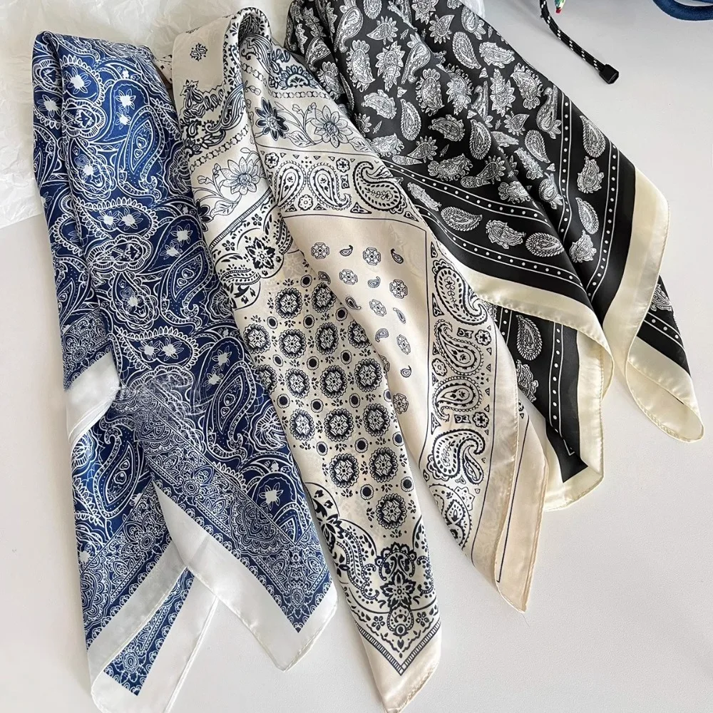 

Vintage 70×70cm Women Silk Scarf Small Satin Square Print Wrap Headkerchief All-Match Streamer Female Hijab Bandana