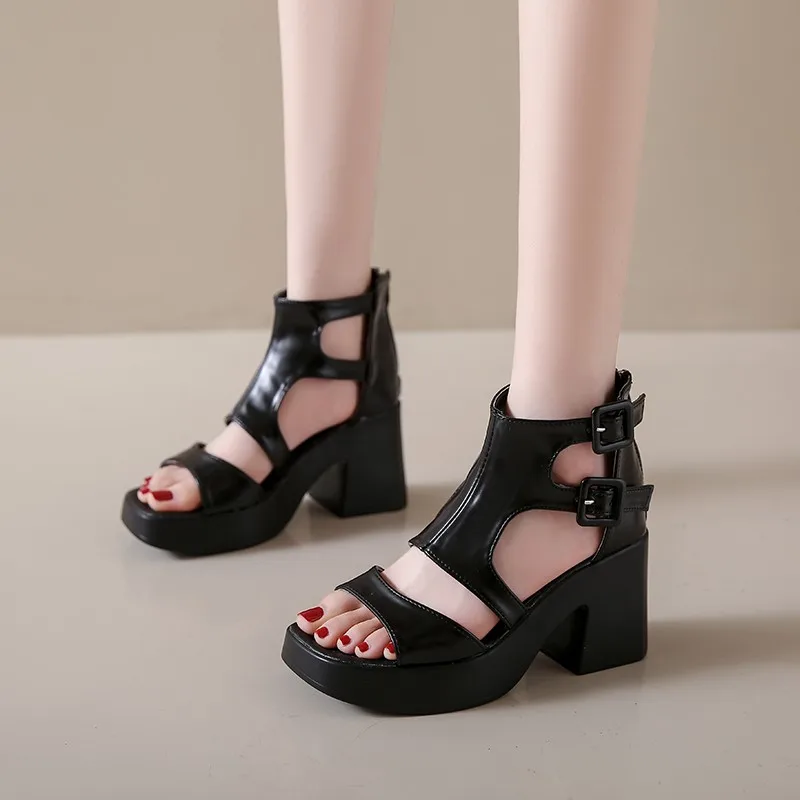 2024 Summer Hollow Fish Mouth Roman Shoes  Sandals Thick Heel Platform Female Cool Boots Fashion  High Heels Pumps