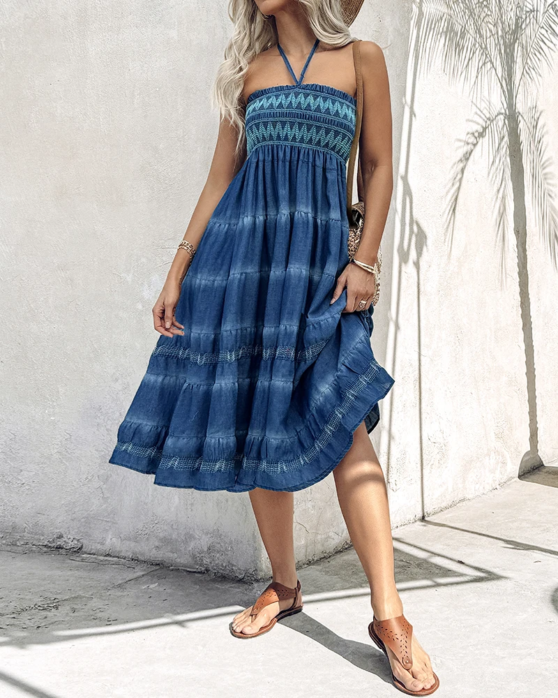 Bohemian Geometric Print Neck Tie, Strapless A-Line Dress, Women's Summer Elegant Casual Beach Skirt Can Be Worn As A Skirt