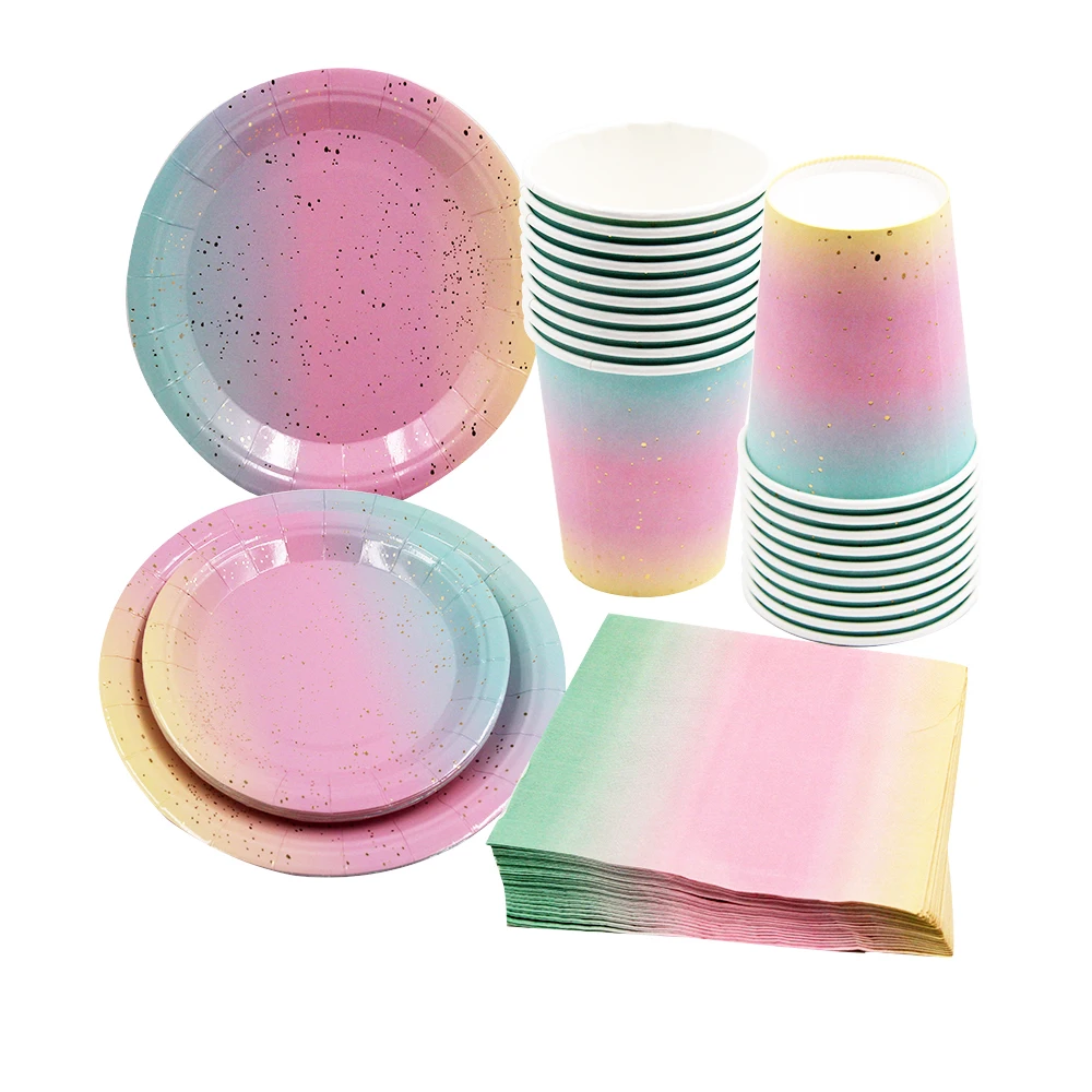 

1set Gradient Rainbow Disposable Tableware Round Flat Paper Cups Plate for Wedding Kids Birthday Party Decoration Supply