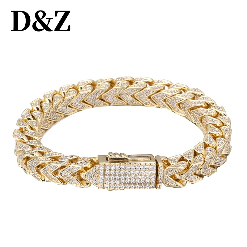 

D&Z New 8mm Heavy Franco Cuban Link Bracelet Spring Buckle Necklace Iced Out CZ Stones With Solid Back For Men Hip Hop Jewelry