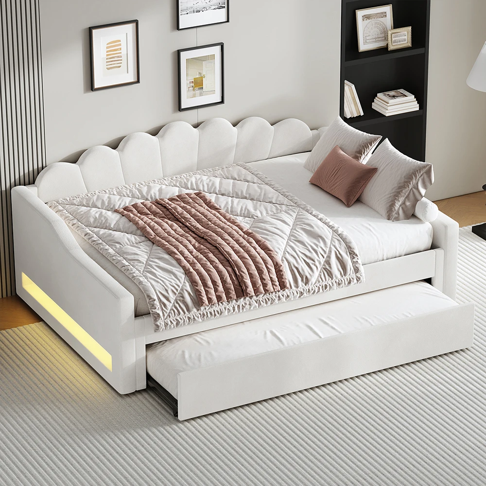 KOMHTOM Schlafsofa 140 x 200 cm, gepolstertes Tagesbett mit LED-Beleuchtung, Rückenlehne, Lattenrost und Ausziehbett (ohne Matratze)