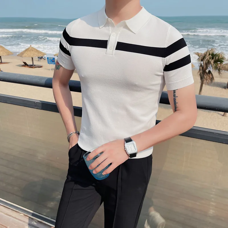 2023 High Quality Men\'s Knitted Ice Silk Polo Shirt Summer New High-end Business Casual Lapel Short Sleeve T-shirt