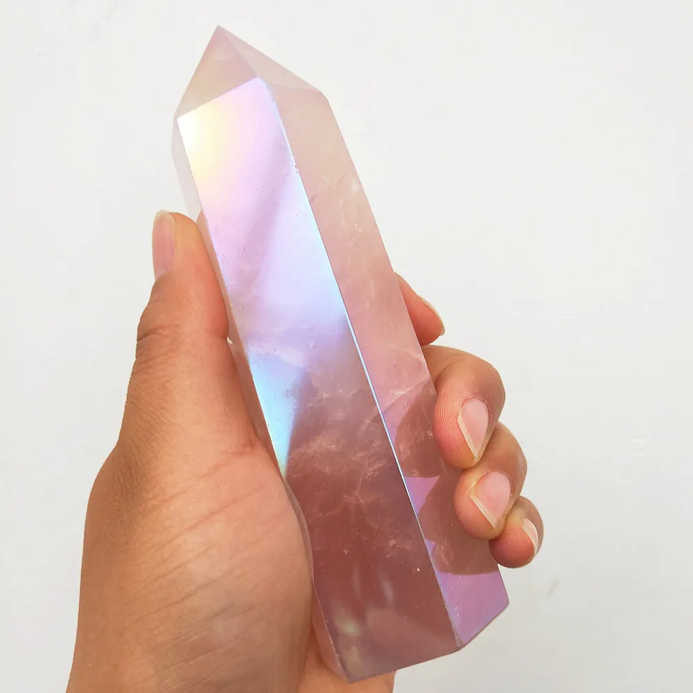 300g Aura Angel Crystal Wand Natural Rose Quartz Point Plating Gemstone Tower Mineral Specimen Healing