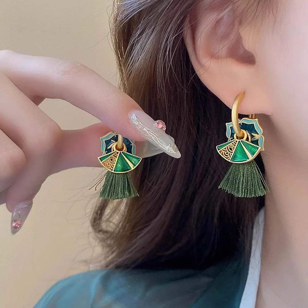 Enamel Drop Glaze Fan Hanfu Tassel Earrings Dangle Earrings Long Tassel Ear Drop Cheongsam Tassel Ear Hooks Hanfu Jewelry Gift