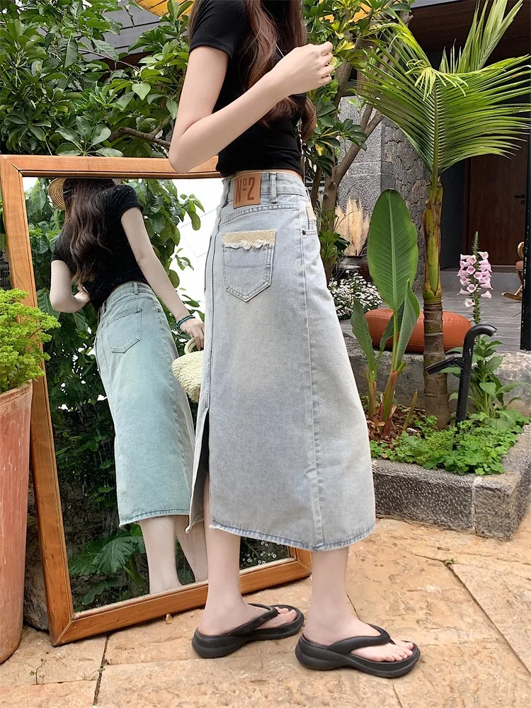 

High Waist A-Line Midi Denim Skirt Women's Summer New Sle Slimming Wrap around Skirt Trendy Split Design Commute Korean Sle
