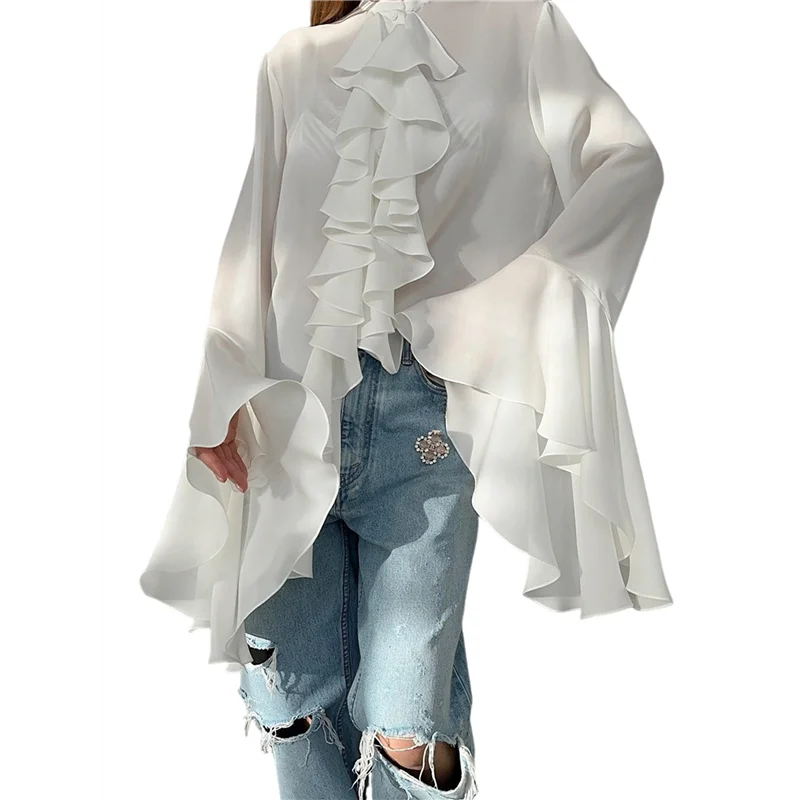 

CGS-женские повседневные блузки с расклешенными рукавами и воротником-стойкой, топы с рюшами, летняя модная рубашка для отпуска