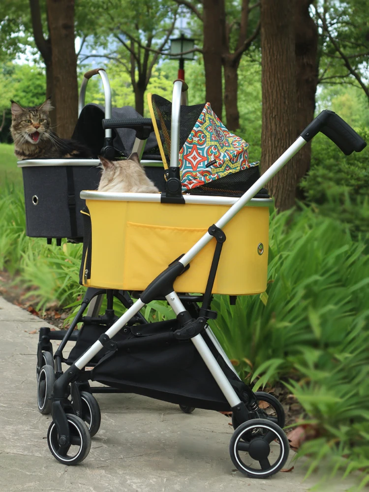 Pet cart with separate basket, cat and dog going out, portable and foldable small dog Teddy.