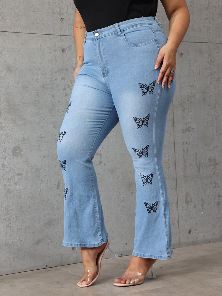 Vintage Butterfly Print Jeans Women Fashion Casual Comfort Mid Waist Stretchy Trouser Worn In All Seasons Plus Size Rozkloszowane spodnie