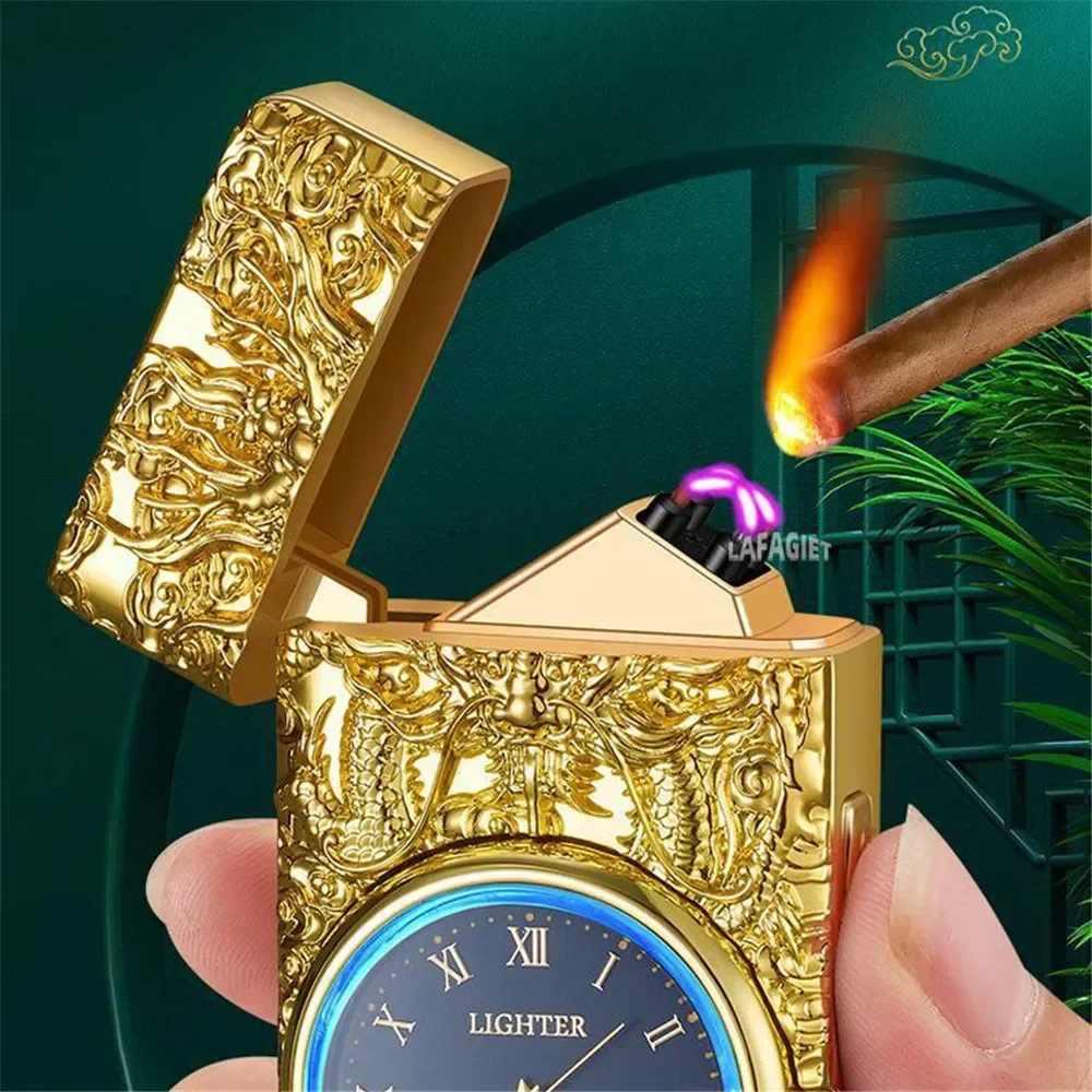 LED Light USB Electric Lighter Embossed Dragon and Watch Plasma Flameless Power Display Dual Arc Lighter Creative Men\'s Gift