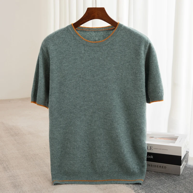 Men's T-shirt 2024 Summer New Knitted Tank Top Fashion Color Block Round Neck Pullover Sweater 100% Pure Wool Short sleeved