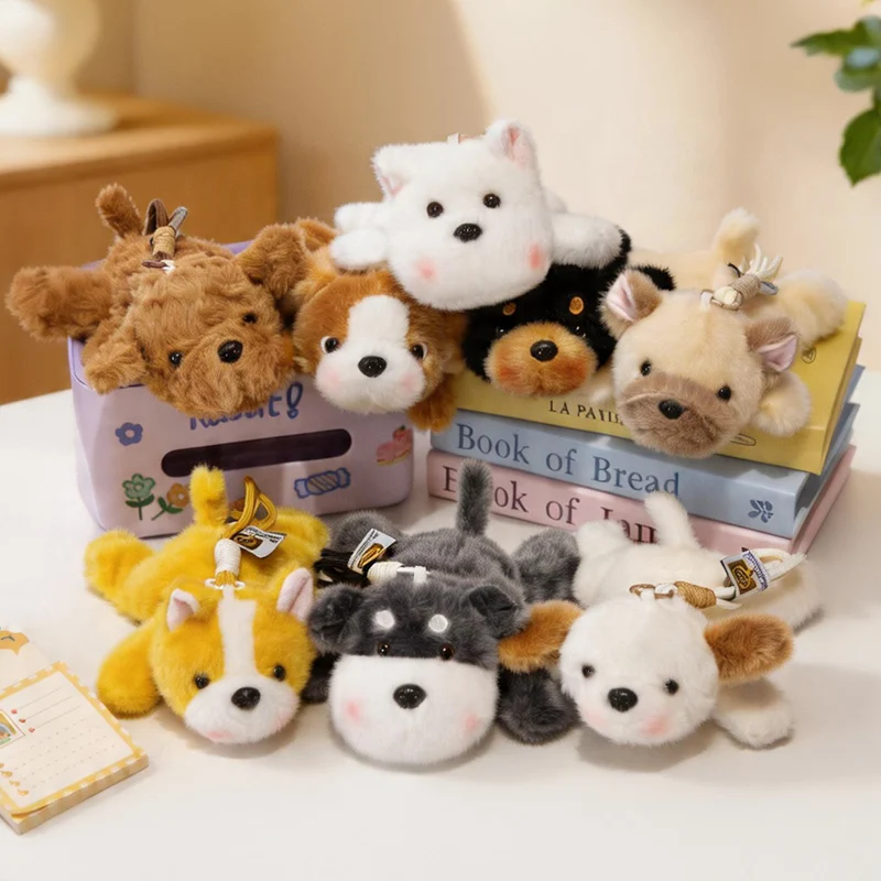 Colgante de peluche de cachorro de 20 cm, pequeño, acostado, marrón, negro, blanco, gris, de dibujos animados, decoración de animales, llavero de peluche para bolso, regalo