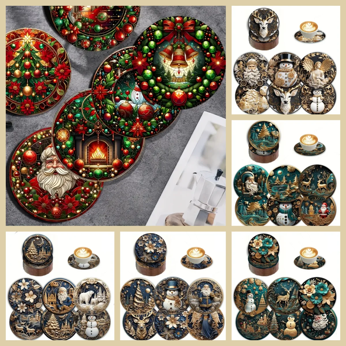 6 Christmas-themed wooden anti-slip and heat-insulating coasters, New Year's party gifts for the living room and kitchen