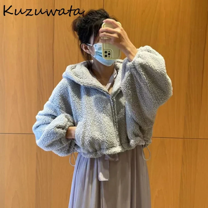 Kuzuwata Japanese Hooded Lantern Sleeve Jackets Loose Double Pockets Drawstring Outwears Fashion Sweet Zip Coat Women