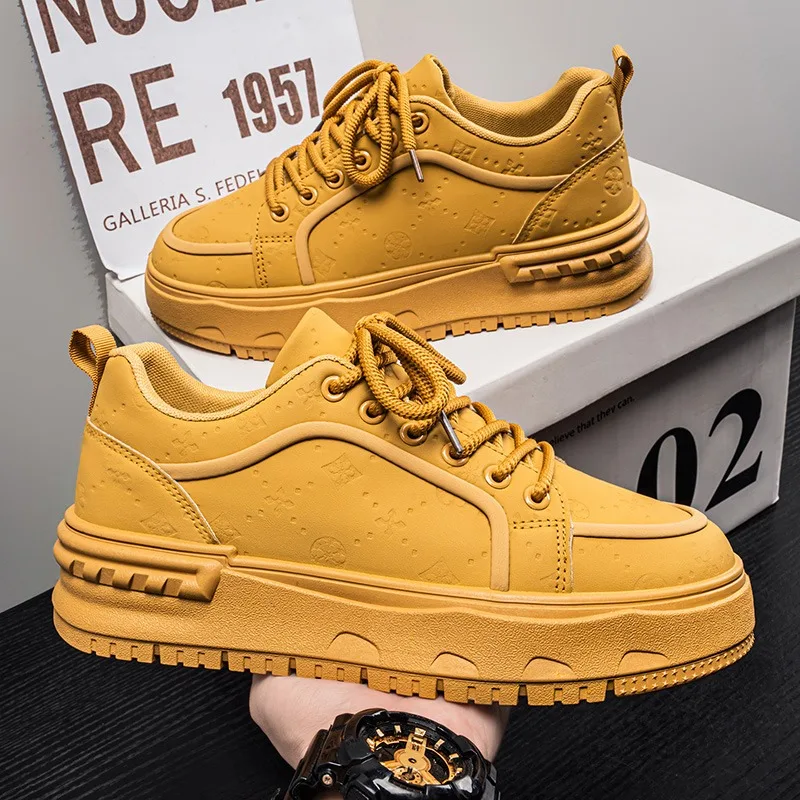 

Sneakers Casual Mens Original Designer Solid Board Shoes Fashion Leather Breathable Height Increased Flat Platform Sports Shoes