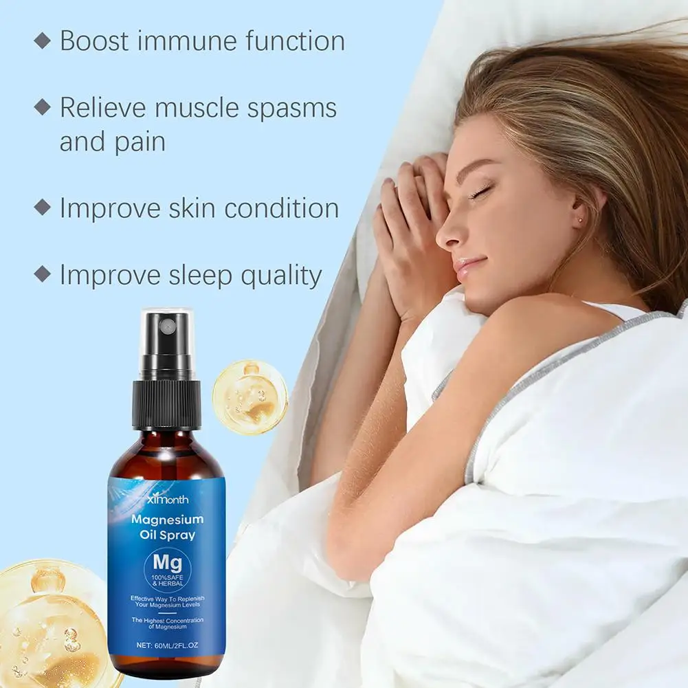 60ml 100% Pure Magnesium Oil Spray Non-GMO Relieve Muscle Body Pain Smoothes&Softens Skin For Better Sleep Quality