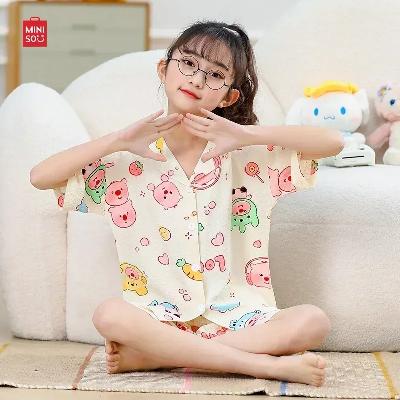 

Miniso Loopy Kuromi Hello Kitty Children's Set Kids Kawaii Cartoon Pochacco Two Piece Set of Cardigan Lapel Short Sleeved Shorts