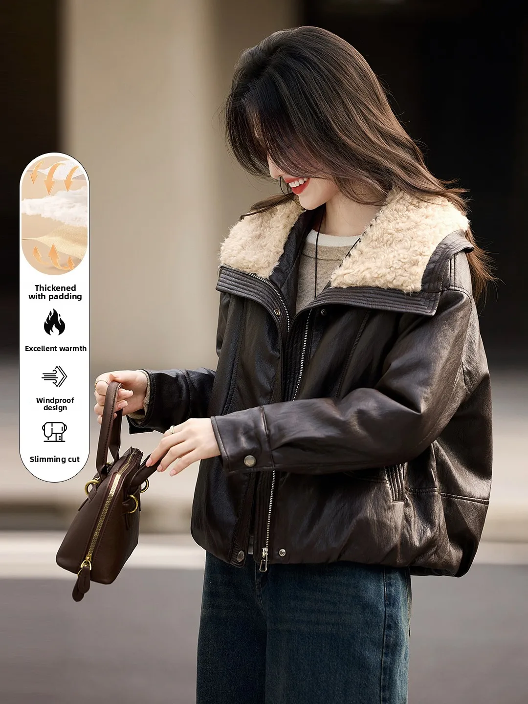 

Xin Fei Yu Women's ort Cotton Jaet 2025 Winter New Sle Fur Leather Inteated High-End PU Leather Coat Casual Flip Collar